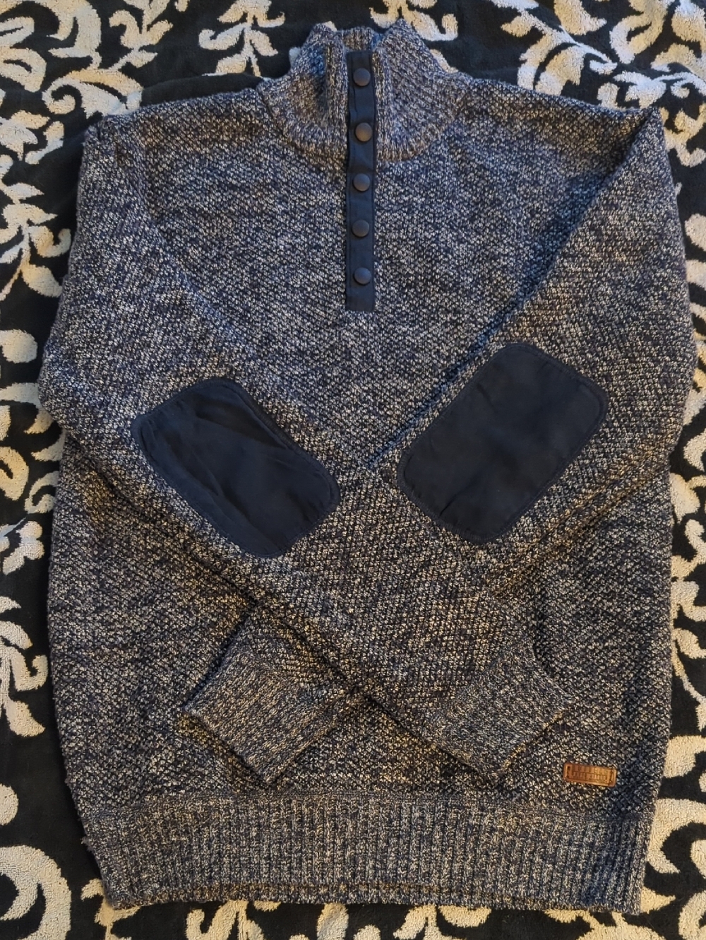 Buffalo David Bitton Fleece Lined Navy Quarter Button Sweater with Elbow Patches